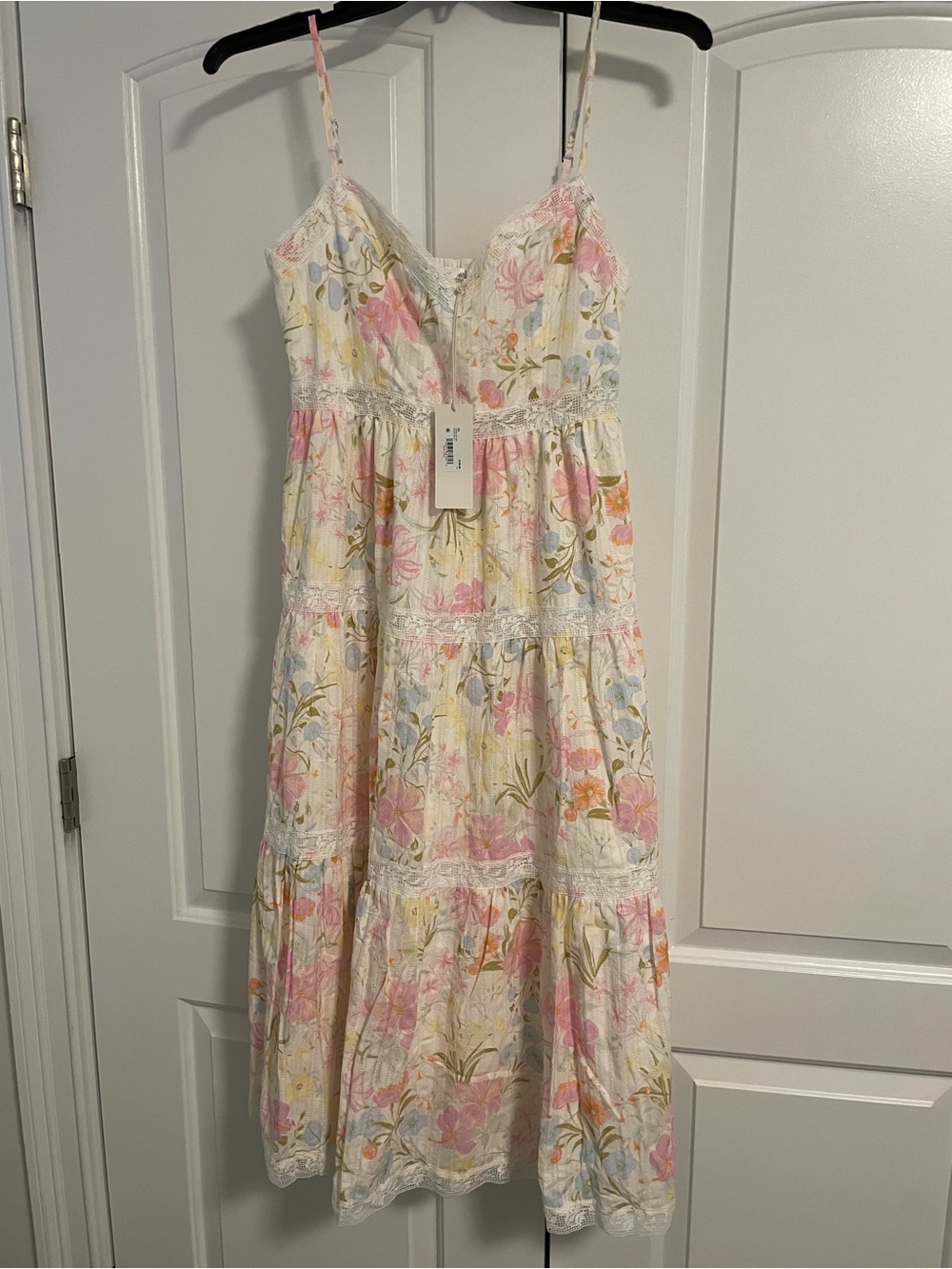 Altar'd State Cream Floral Midi Dress with Pink & Blue Accents